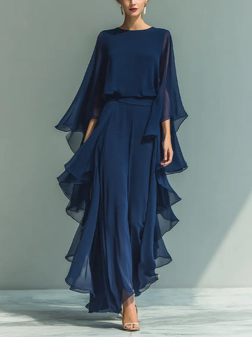 Women's Navy Blue Chiffon Top With Flared Sleeves And Straight-leg Trousers Set With Ruffled Details MDZ2218A5T