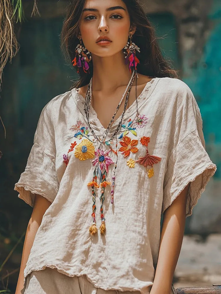 Women's Floral Embroidery V Neck Casual Linen Top