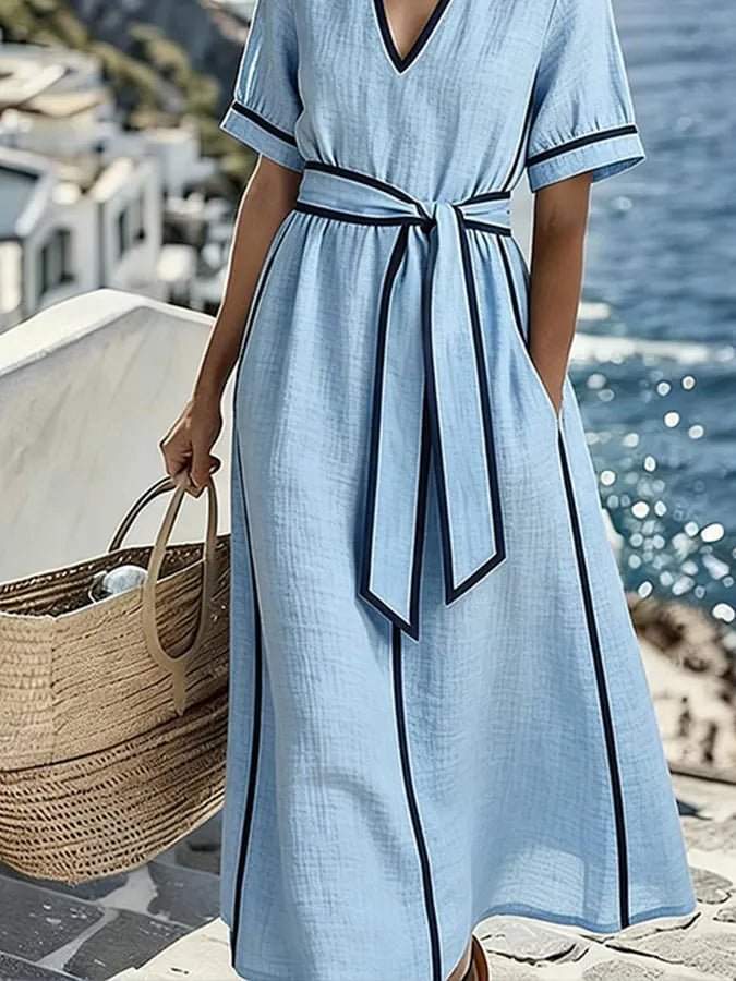 Women's Casual V-neck Color Block Loose Dress