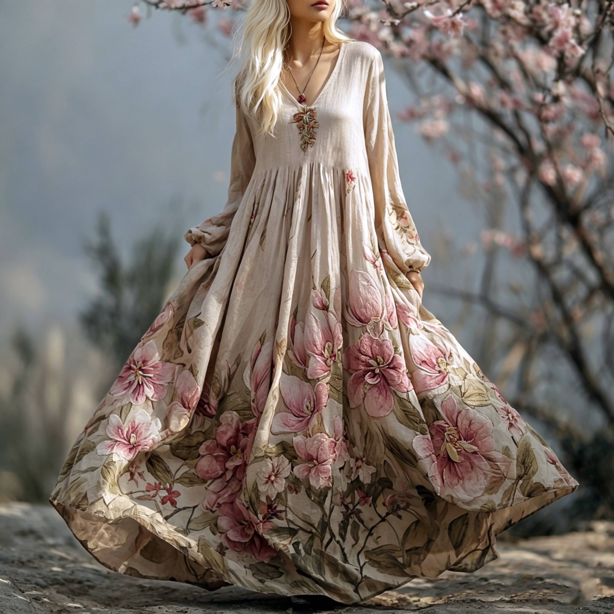 Women's Bohemian Style Floral Print Cotton And Linen Comfortable V-neck Dress