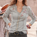 Women's Vintage Floral Embroidered Gray Long-Sleeve Top Shirt