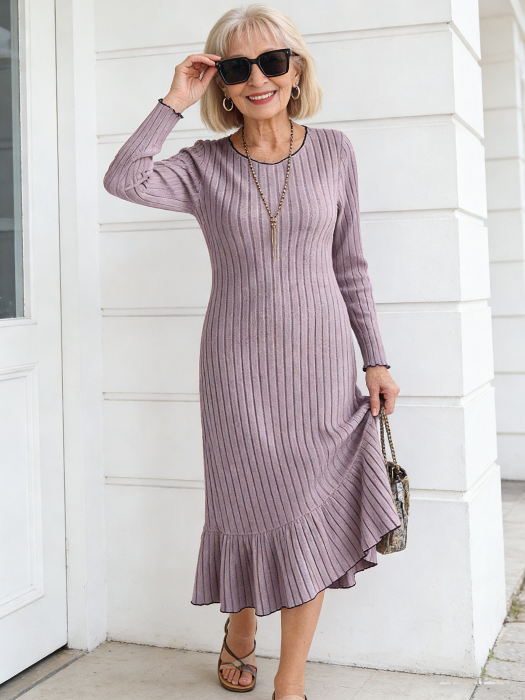 Dress Long Sleeves Solid Color, Fungus Edge Fashion Women's Clothing