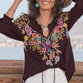 Women's Bohemian Floral Embroidered Blouse With Tassel Tie