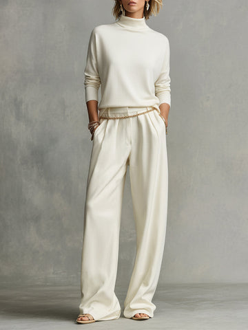 Women's Cream Soft Knit Chic Turtleneck Top & Flowy Wide-Leg Pant Set MDA0185K5I