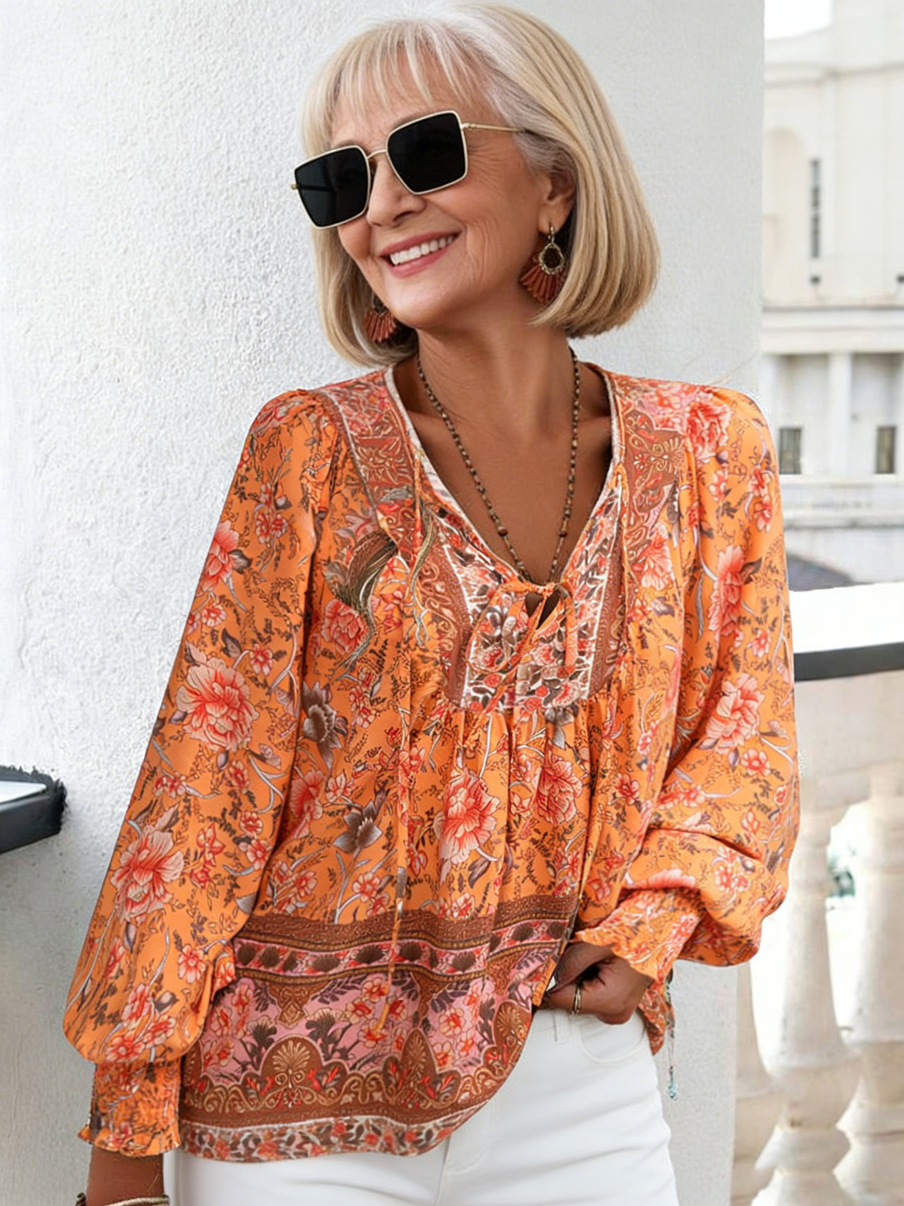 Bohemian Shirt Printed V-Neck Lace-Up Long Sleeve Top Shirt Women's Loose