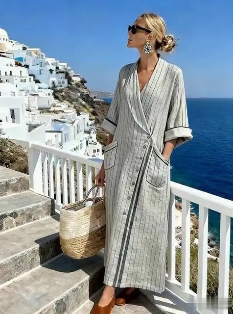 Women'S Casual Color-Block Cotton And Linen Dress