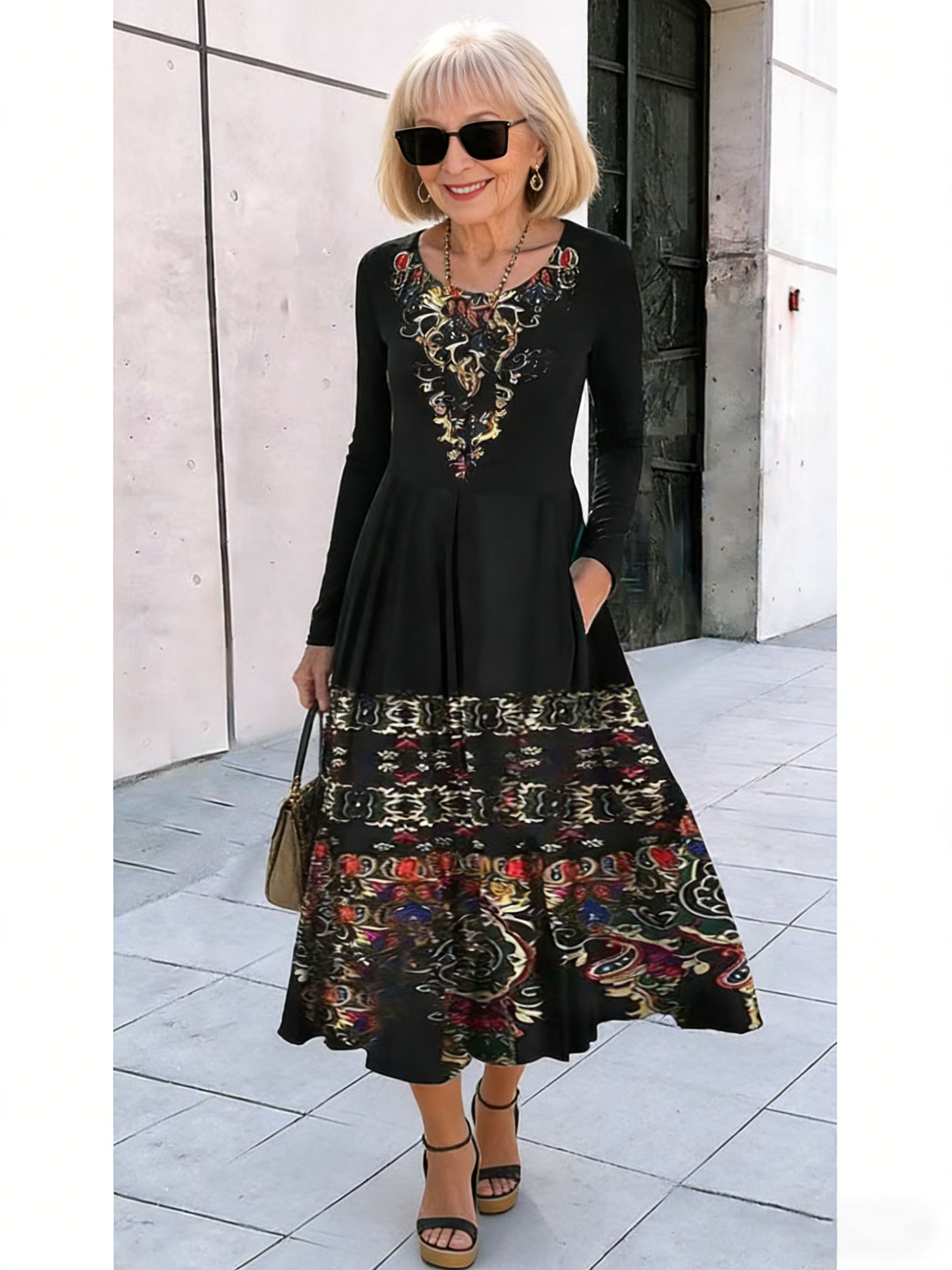 Crew Neck Long Sleeve Loose Geometric Pattern Printed Pendulum Dress