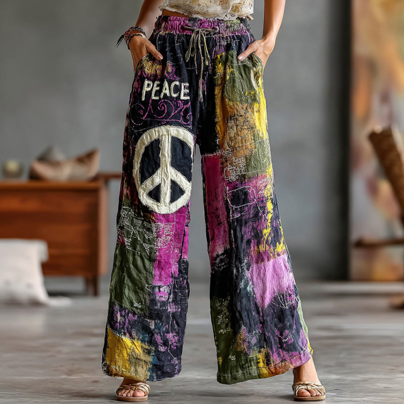 Women's Hippie Tie-dye Peace Logo Print Casual Pants