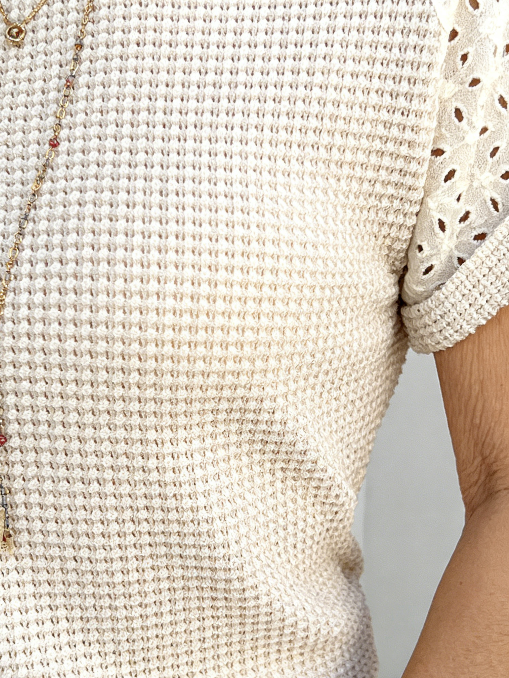 Textured Fabric Crew Neck Lace Splicing Short Sleeve T-Shirt Top Women's
