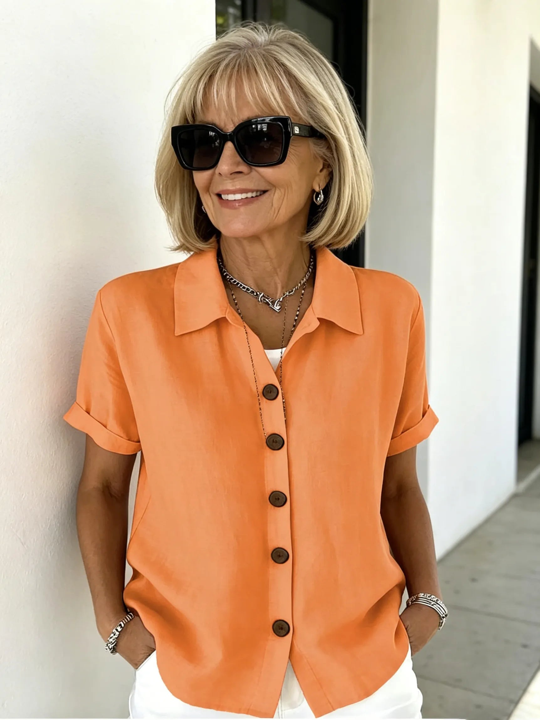 Casual Comfortable Button Cotton and Linen Women's Short Sleeve Shirt