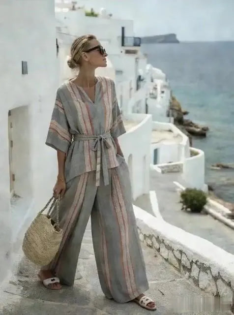 Women'S Casual Striped Color-Block Wide-Leg Pants Set