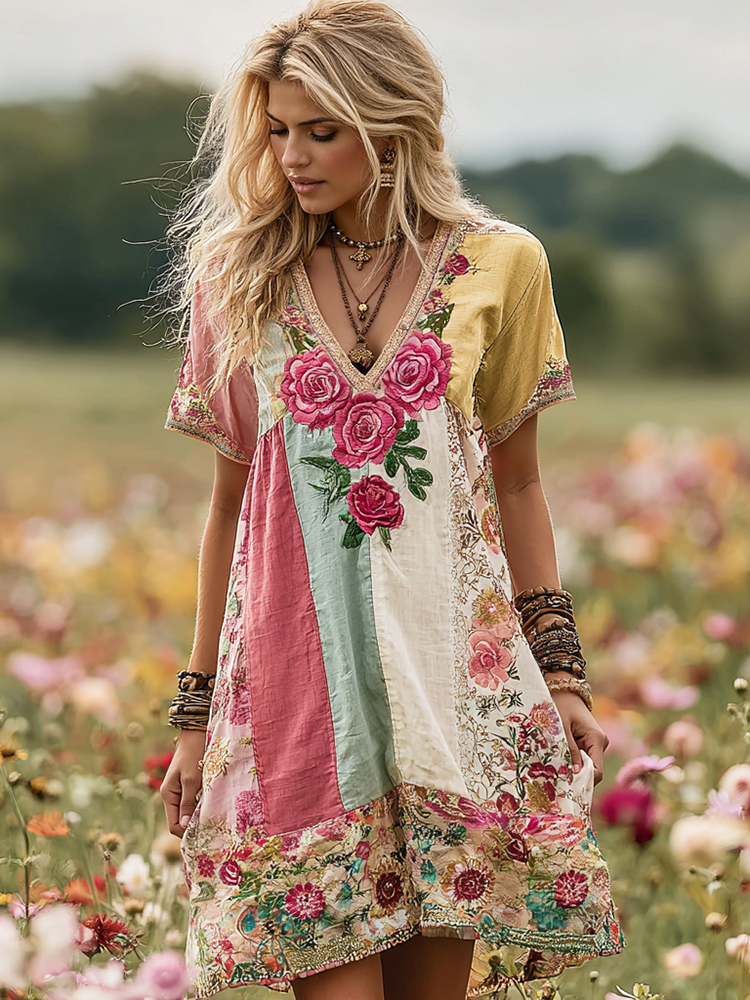 Women's Vintage Rose Floral Patch Linen Short Dress