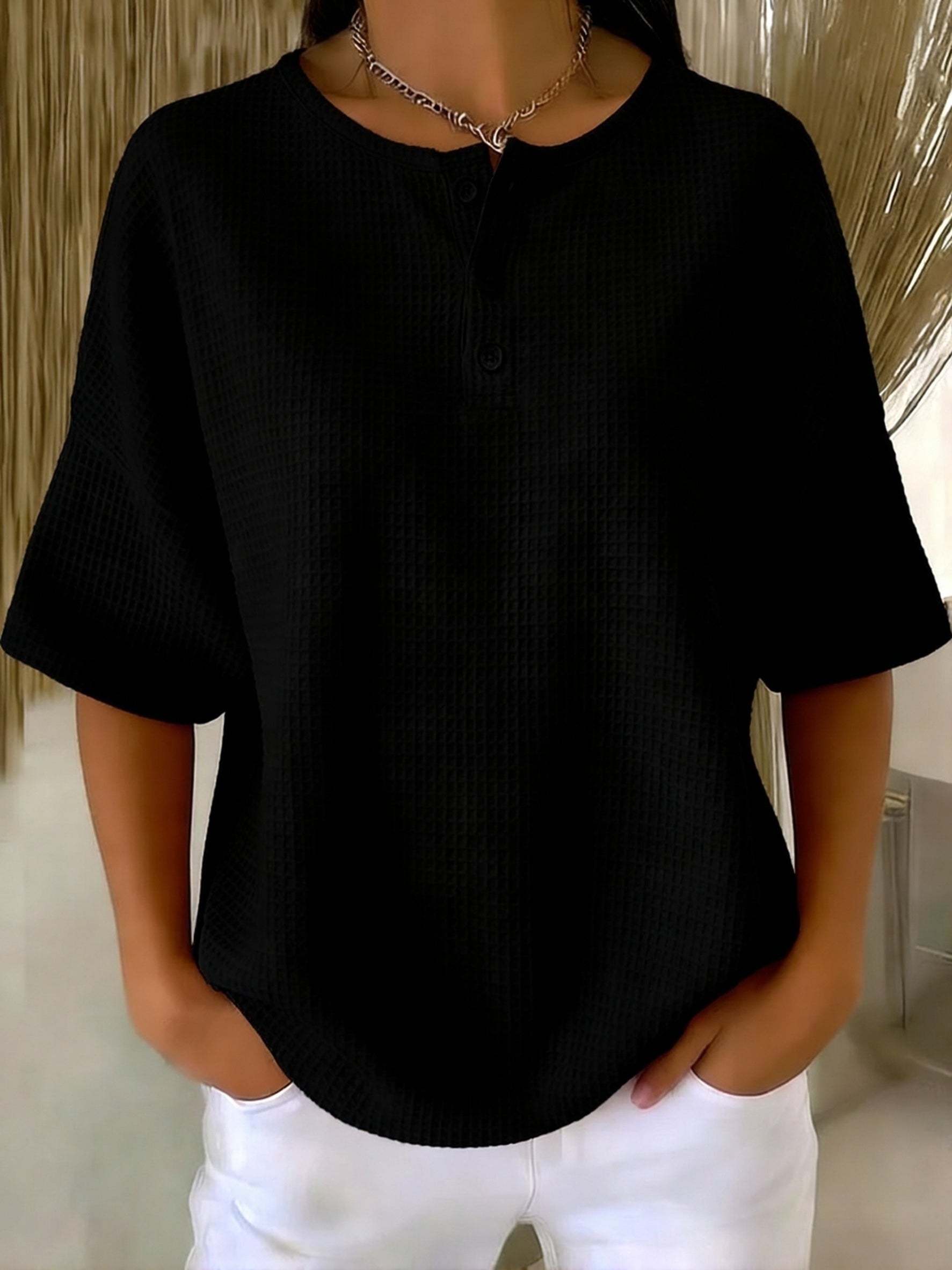 Casual Waffle Henry Collar Sweatshirt