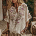 Women's Floral Embroidery Art V Neck Comfy Shirt