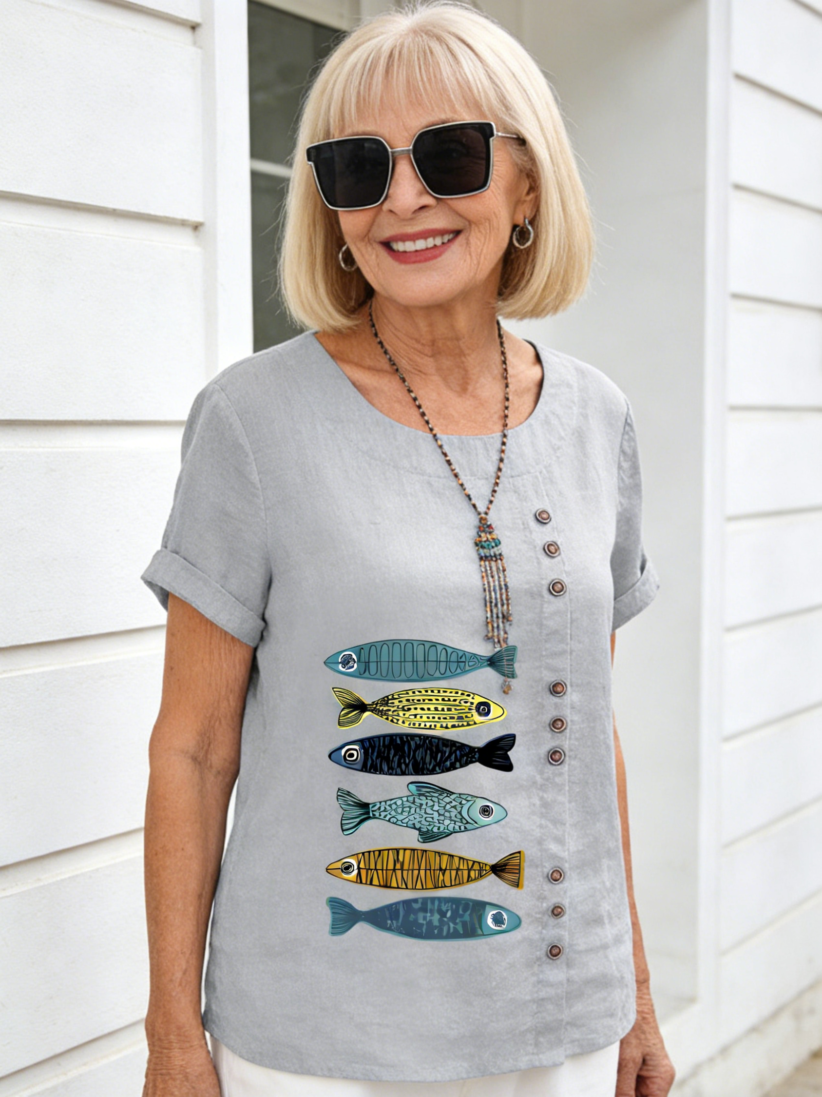 Cotton and Linen Printed Shirt Women