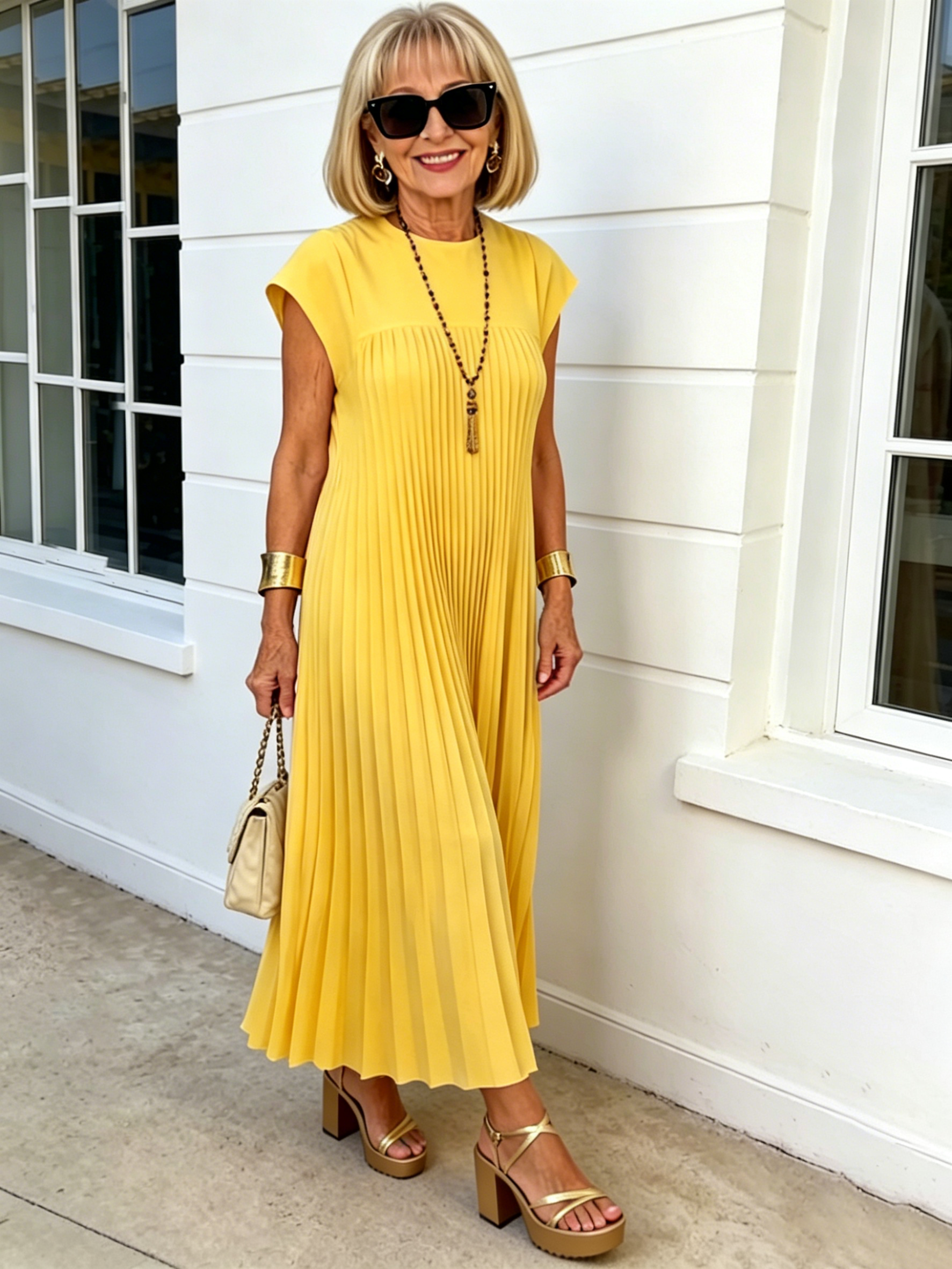 Elastic Dress Women's Elegant Fashion Crew Neck Sleeveless Pleated Long Dress
