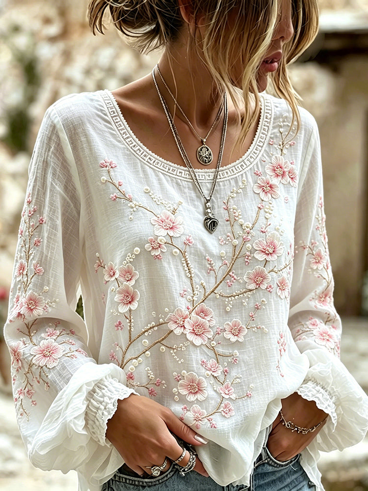 Women's Japanese Cherry Blossom Art Print Crew Neck Linen Blend T-shirt