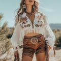 Women's Bohemian Floral Embroidered Crop Top With Fringe Details