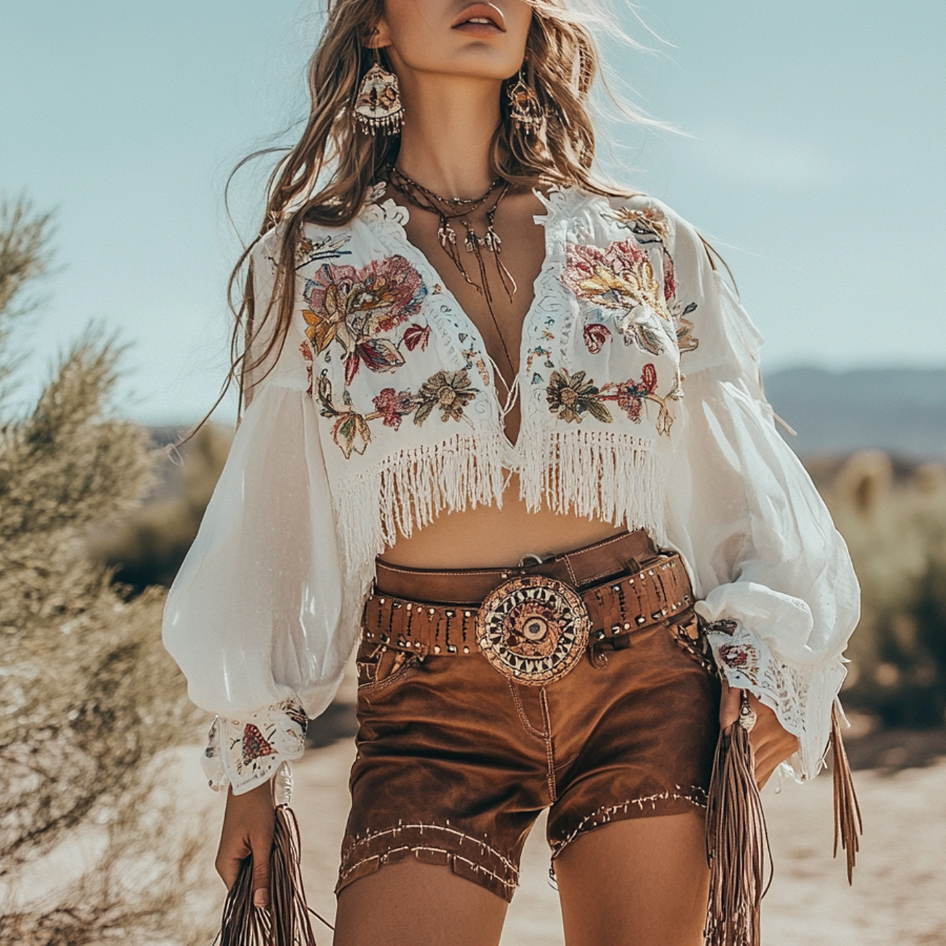 Women's Bohemian Floral Embroidered Crop Top With Fringe Details