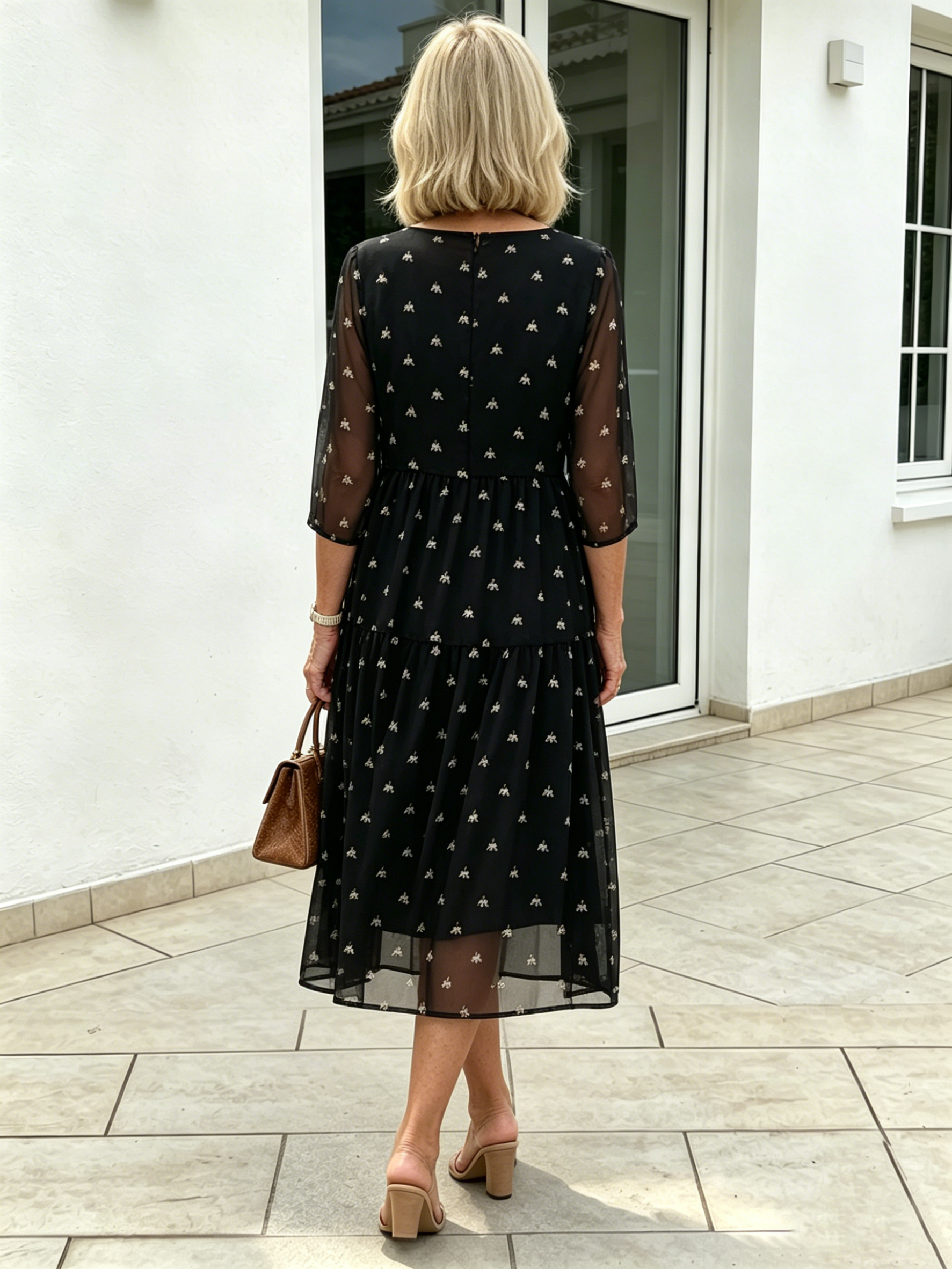 Black Elephant Print Tiered Chiffon Midi Dress, Round Neck Short Sleeve High Waist Loose Tummy Cover Mom Dress