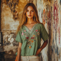 Women's Vintage Floral Embroidery Art Linen T-shirt