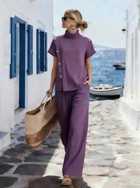 Women's Round Neck Button-Up Short-Sleeved Suit