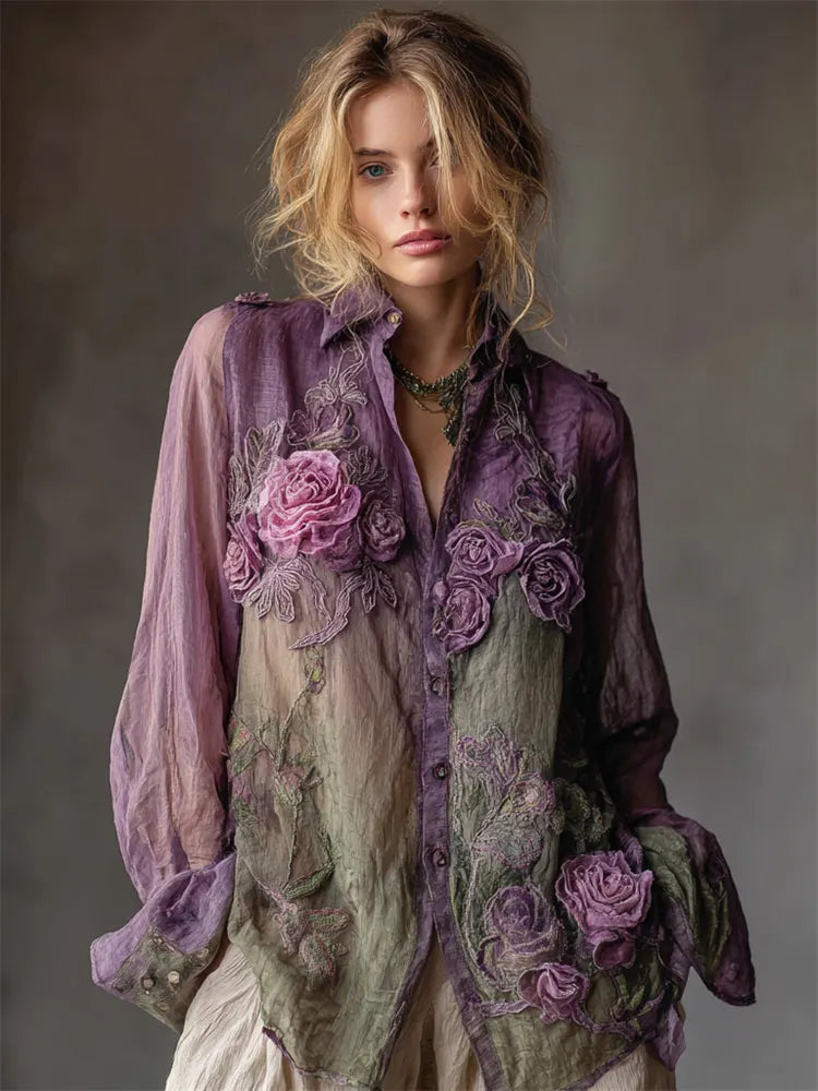 Vintage Roses Fiber Art Embroidered Contrast Flowy Linen Blouse