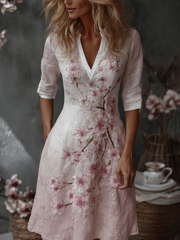 Women's Exquisite Embroidered Print Art Casual Linen Short Sleeved Dress