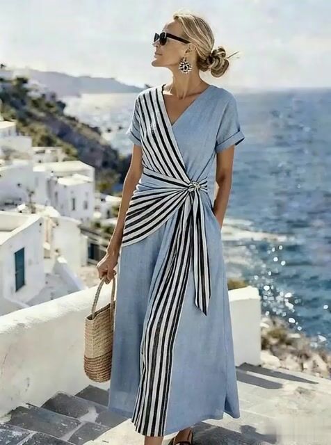Women'S Casual Color-Block Striped Dress