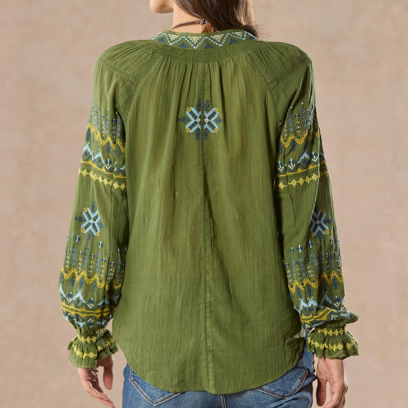 Women's V-neck Ribbon Splicing Retro Flower Embroidery Button Long Sleeved Shirt