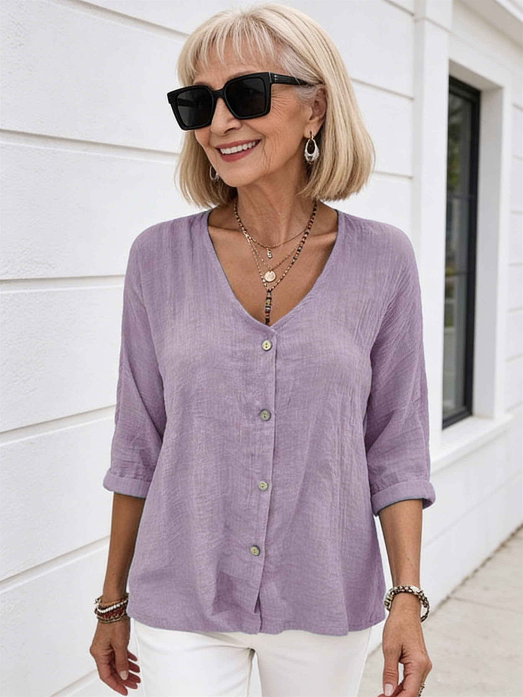 Cotton and Linen V-neck Button-up Chiffon Cardigan Long Sleeves