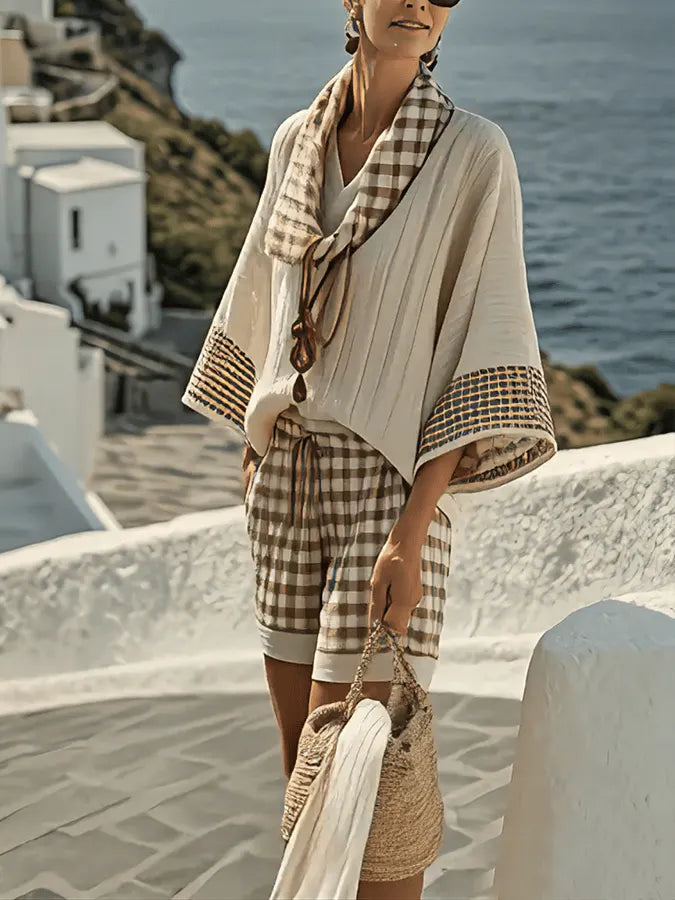 Women'S Loose Striped Scarf Holiday Shorts Set