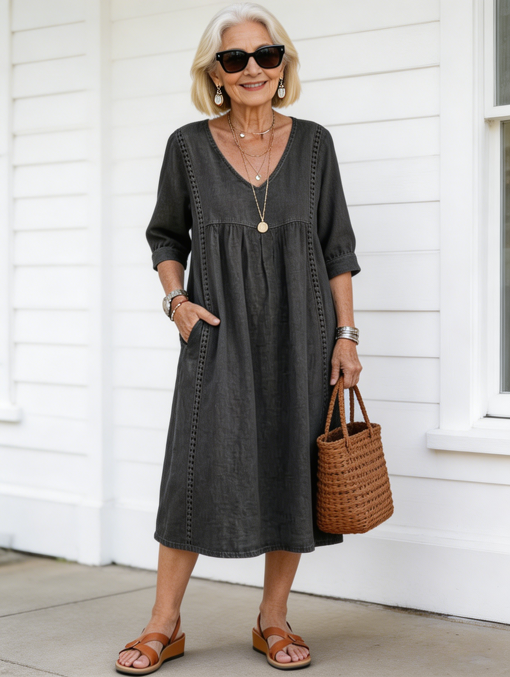 Casual Loose V-neck Splicing Lace Edge Linen Cotton Dress