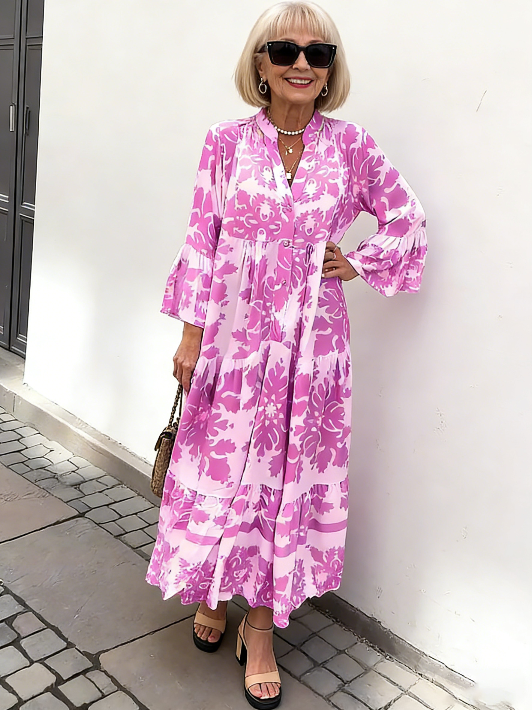 Stand-up Collar Flared Sleeves Printed Casual Dress