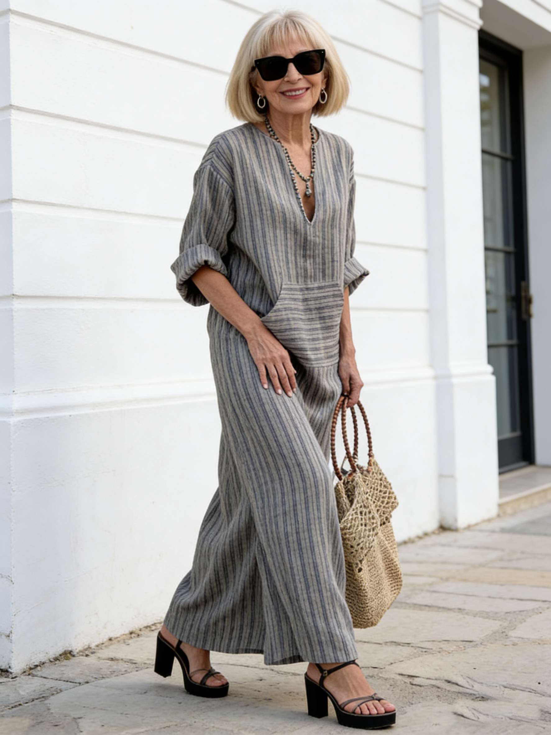 Cotton and linen dyed striped loose dress