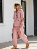 2Pcs Casual Solid Color V-neck Loose Short-sleeved Top High-waisted Trousers Two-piece Set
