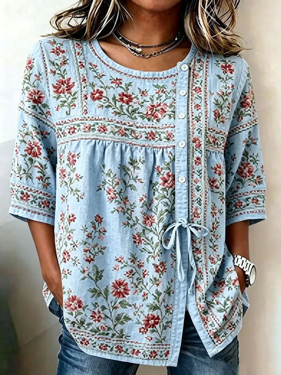 Women'S Casual Print Cotton Linen Print Top