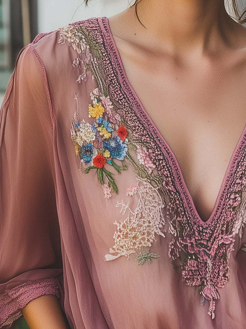 (sale)Elegant Gray Purple Floral Embroidery Half Sleeve Chiffon Shirt