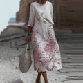 Japanese Plum Blossom Art Embroidered Casual Linen Maxi Dress