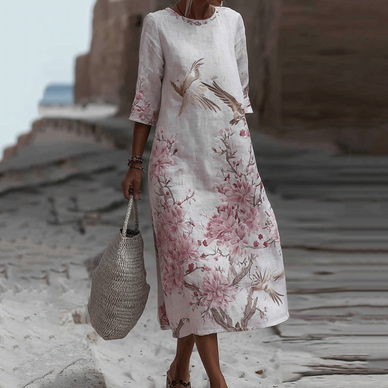 Japanese Plum Blossom Art Embroidered Casual Linen Maxi Dress