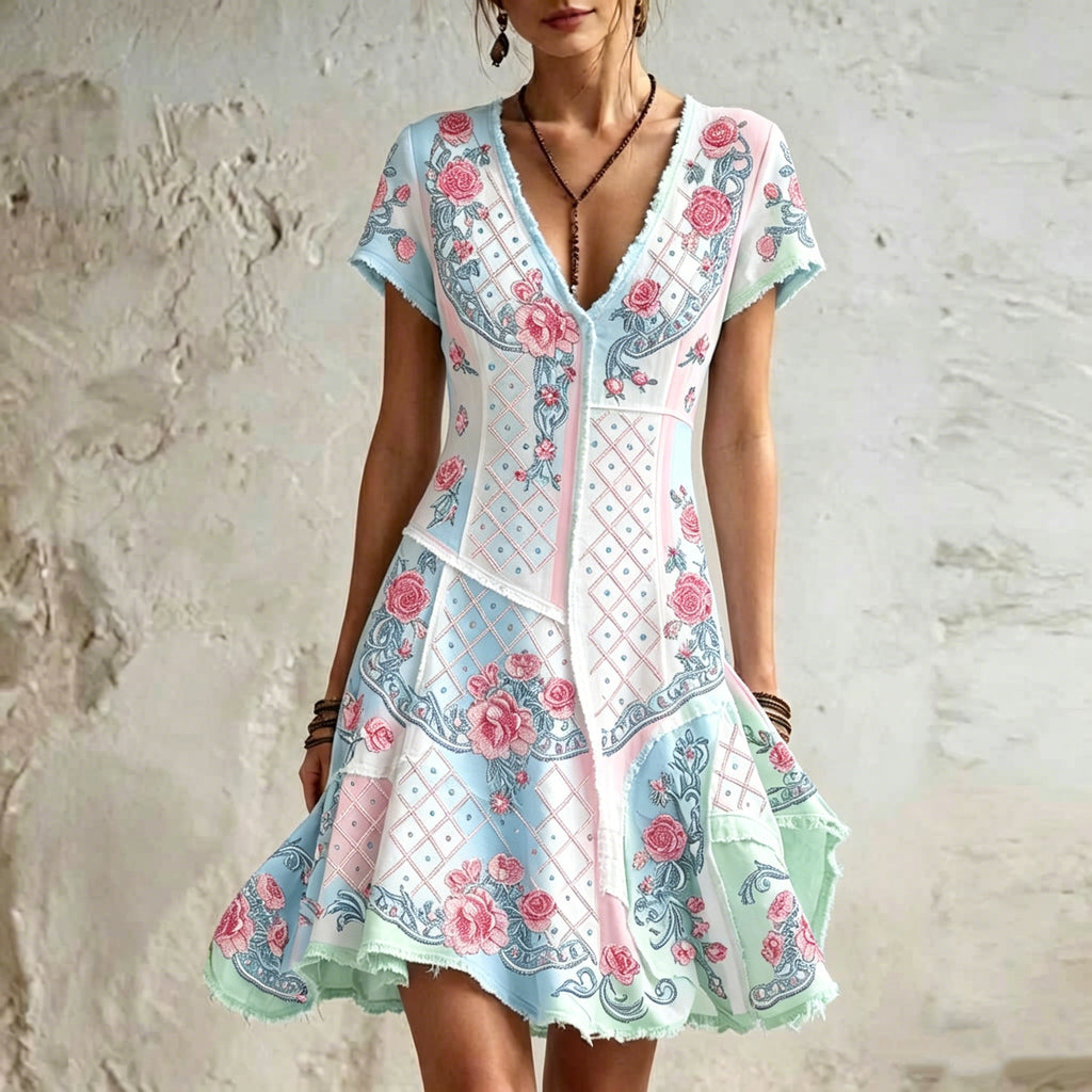 Women's Retro Rose Floral Embroidery Pattern Short Sleeve Linen Dress
