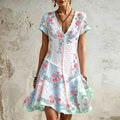 Women's Retro Rose Floral Embroidery Pattern Short Sleeve Linen Dress