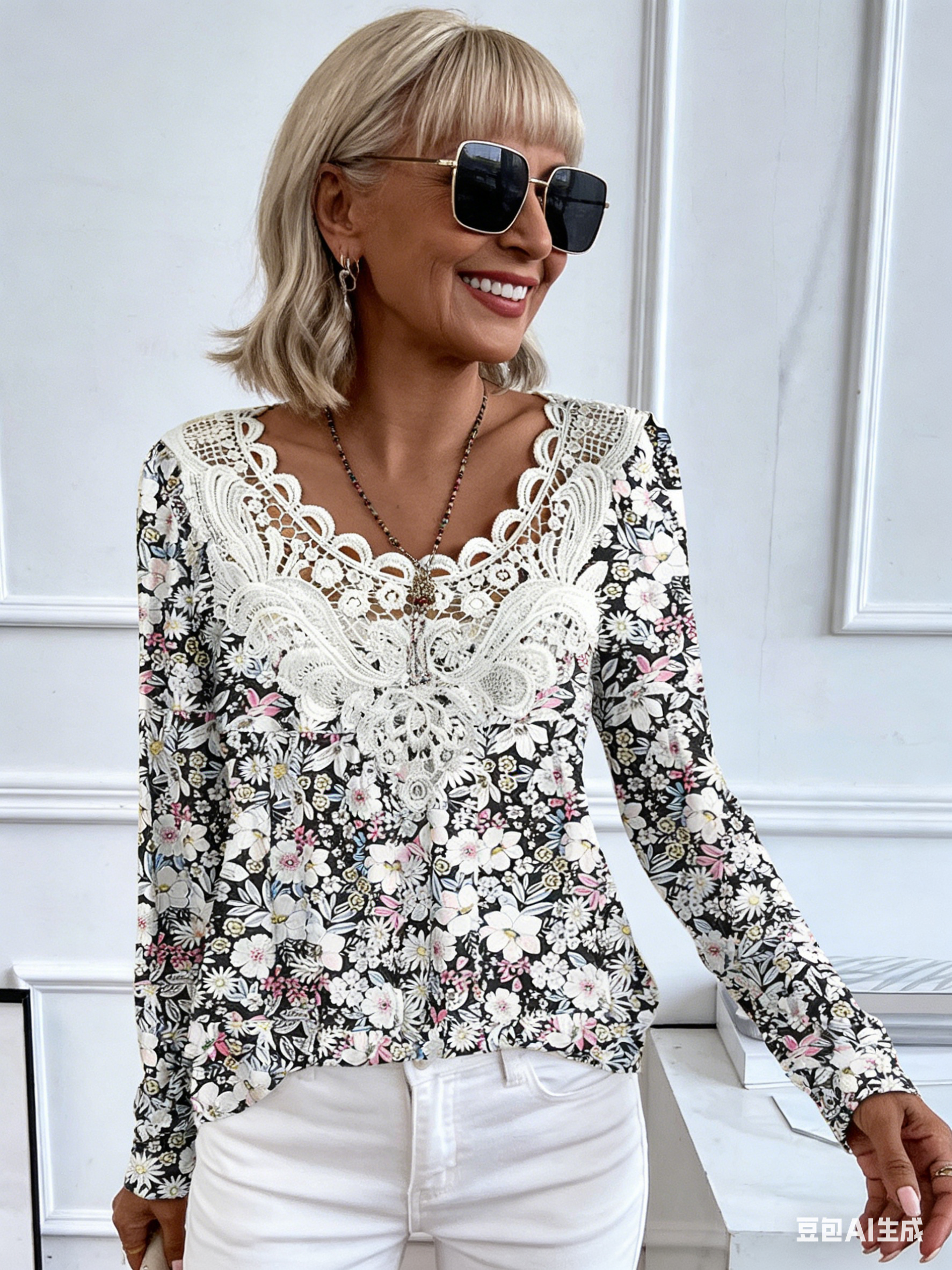 Casual Crew Neck Long Sleeve Pullover Printing Multi-Color Women's T-Shirt Splicing Lace