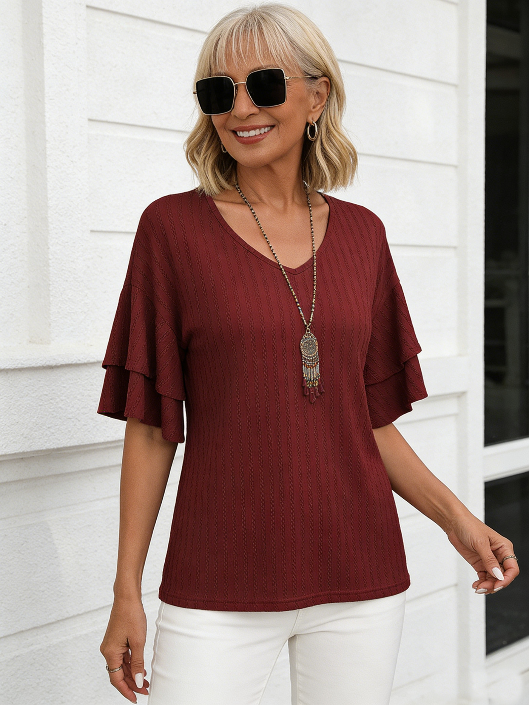 Textured Fabric Solid Color V-Neck Lotus Leaf Sleeve Short Sleeve T-Shirt Top