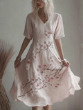 Sakura Embroidery Pattern Casual Linen Dress