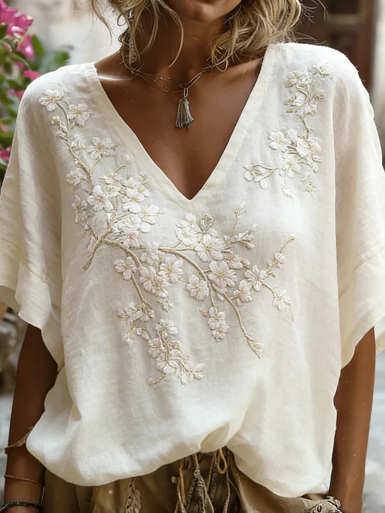 Women's Cherry Blossom Branch Art Embroidery V-neck Blended Cotton Linen Short Sleeve Top