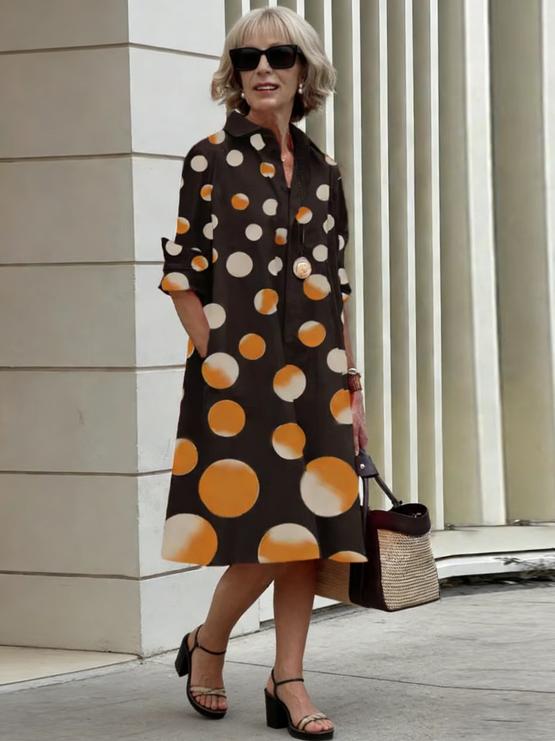 Holiday Bohemian Maxi DressDot Printed Mid-Length Long Sleeve Shirt Dress for Women