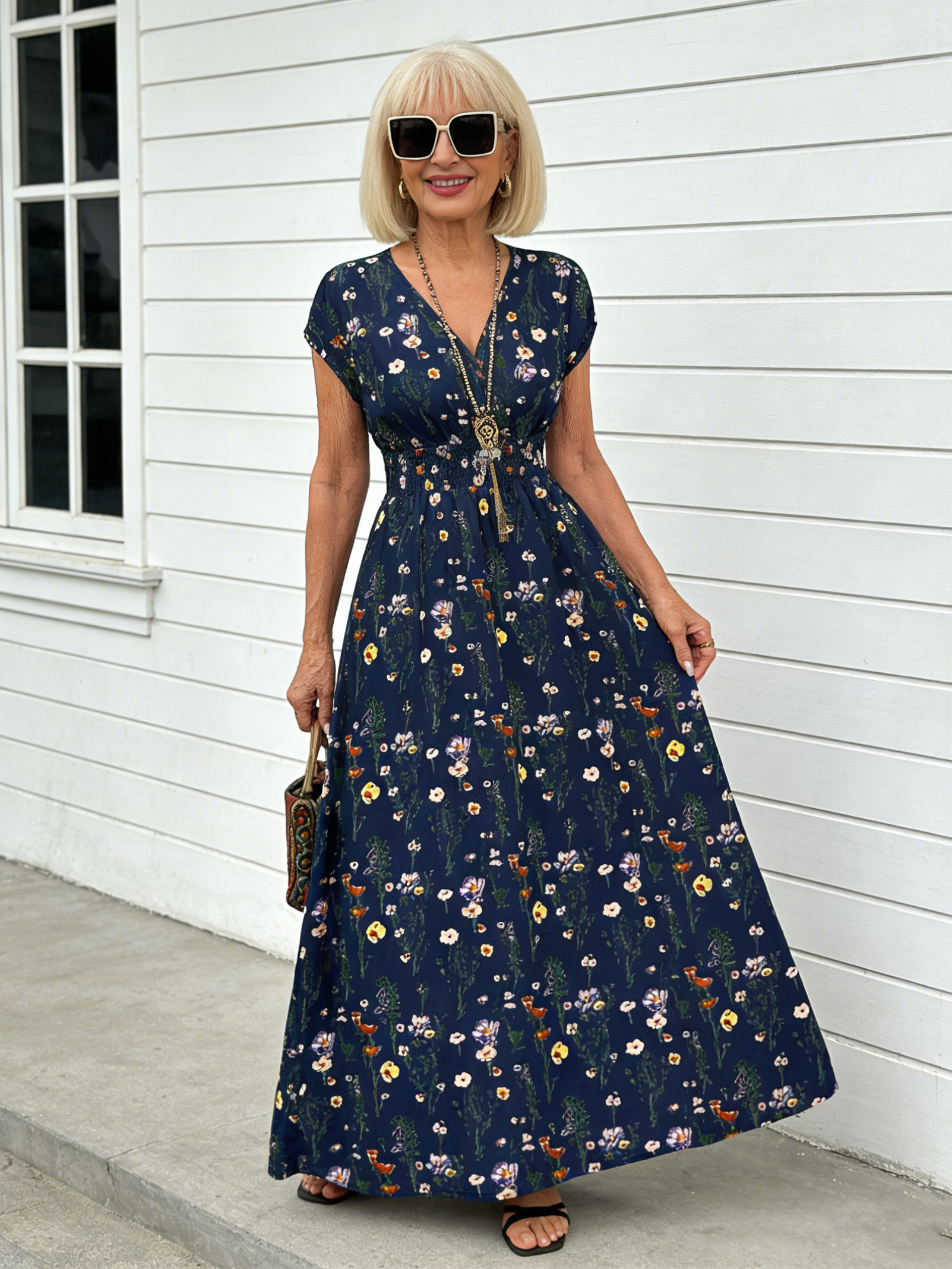 Short Sleeve Lace-Up Dress Printed V-Neck Long Dress Summer Waist Women's Clothing