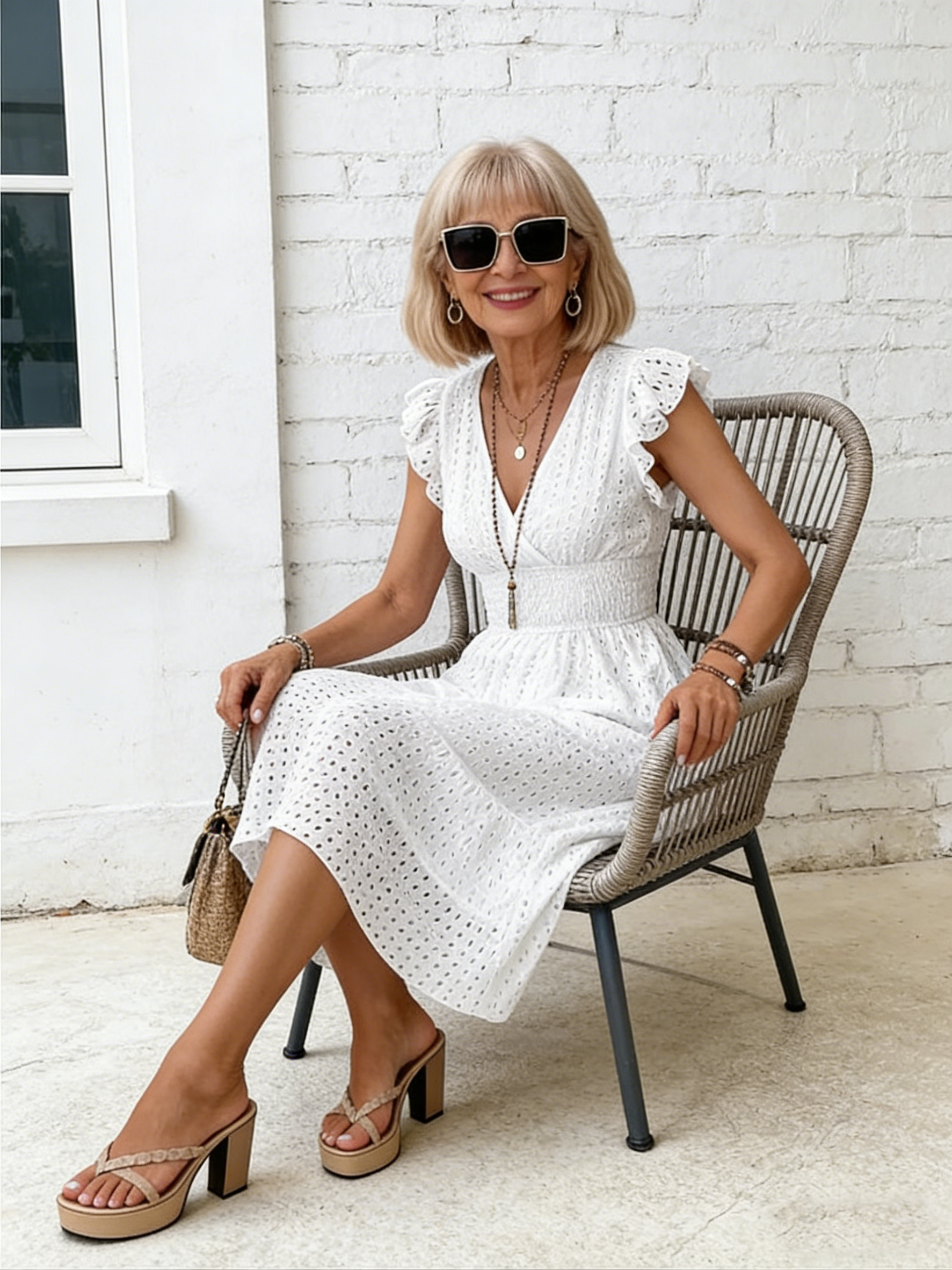 Cotton Lotus Leaf Sleeves Elegant and Thin V-neck Women's Fashion Hollow Dress