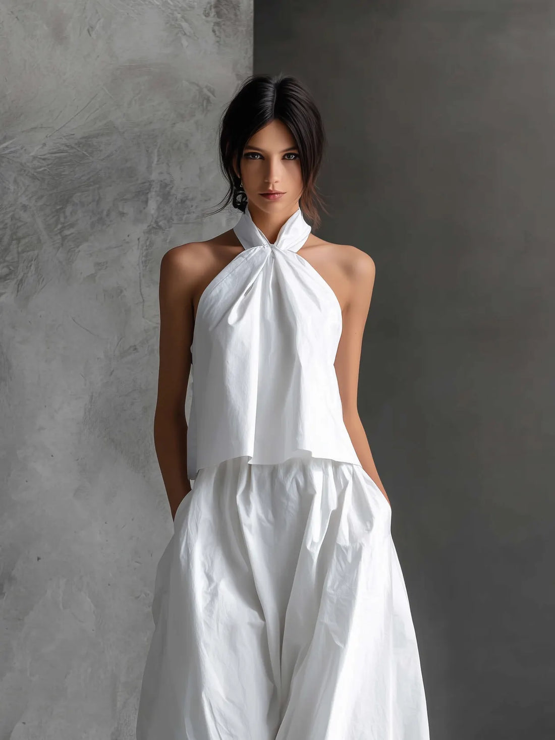Women's Casual White Cotton And Linen Halter-neck Sleeveless Top And Skirt Set MDZ1269A6AN
